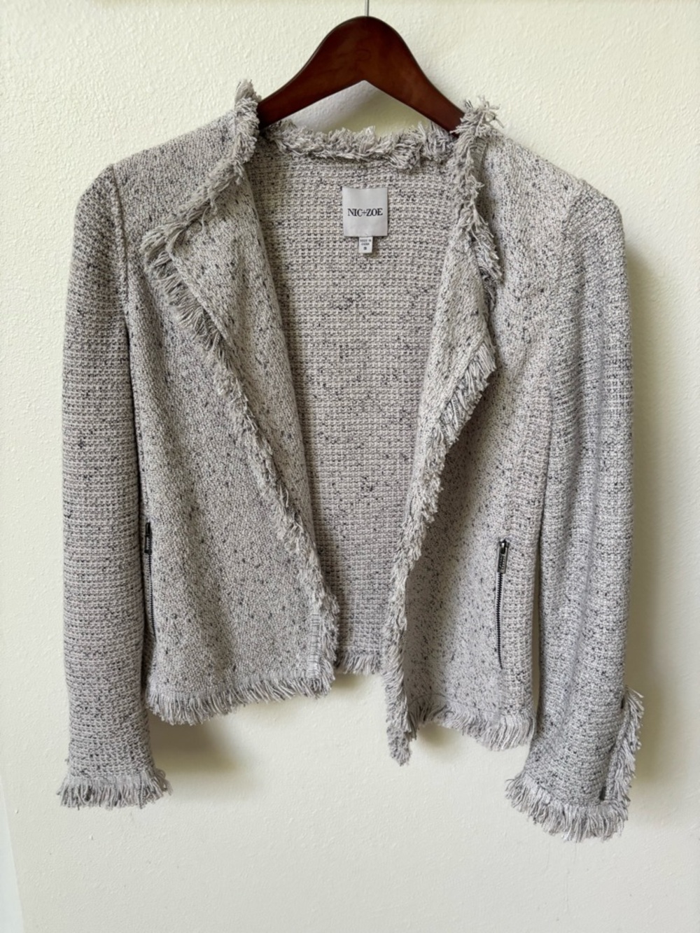 NIC+ZOE Light Gray Fringe Open-Front Knit Cardigan EUC